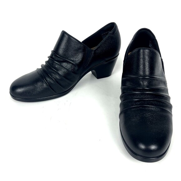 Clarks Emily Cove Black Leather Slip on Wedge heel Womens SZ 9.5 Casual Comfort - Picture 2 of 14